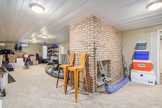 interior space featuring concrete block wall and carpet floors
