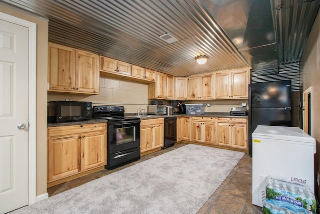 kitchen with black appliances, dark countertops, wooden ceiling, and light brown cabinetry