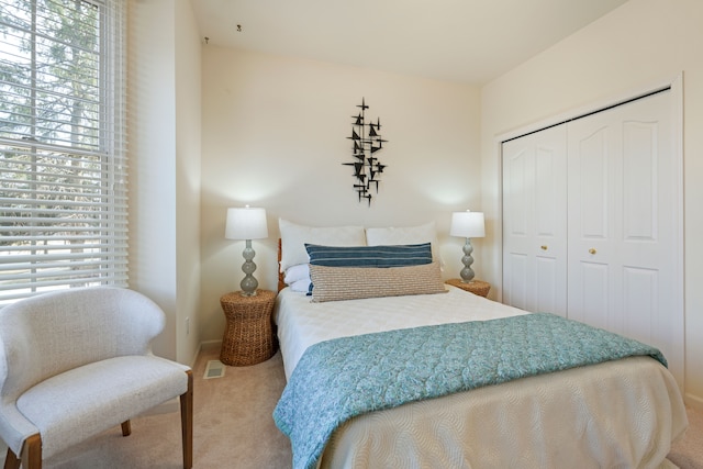 bedroom featuring multiple windows, a closet, and carpet floors