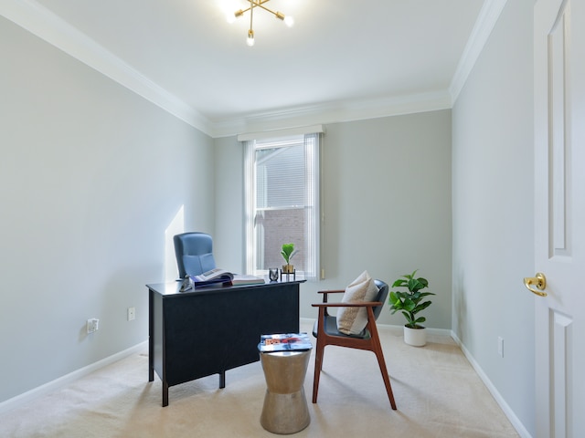 home office featuring crown molding, baseboards, and light carpet