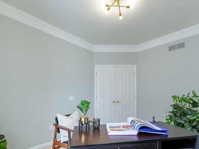 office space featuring visible vents, crown molding, and baseboards