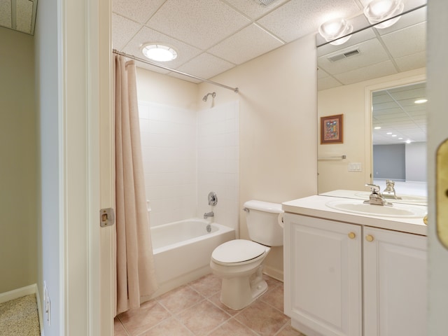 bathroom with visible vents, shower / bathtub combination with curtain, toilet, tile patterned flooring, and vanity