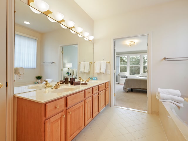 full bathroom with a sink, double vanity, and connected bathroom