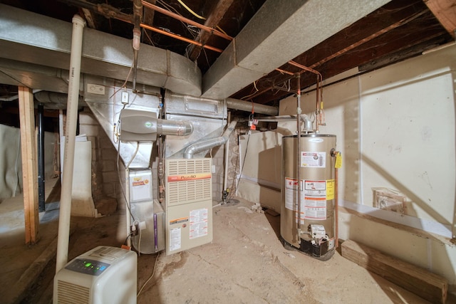 unfinished basement featuring gas water heater