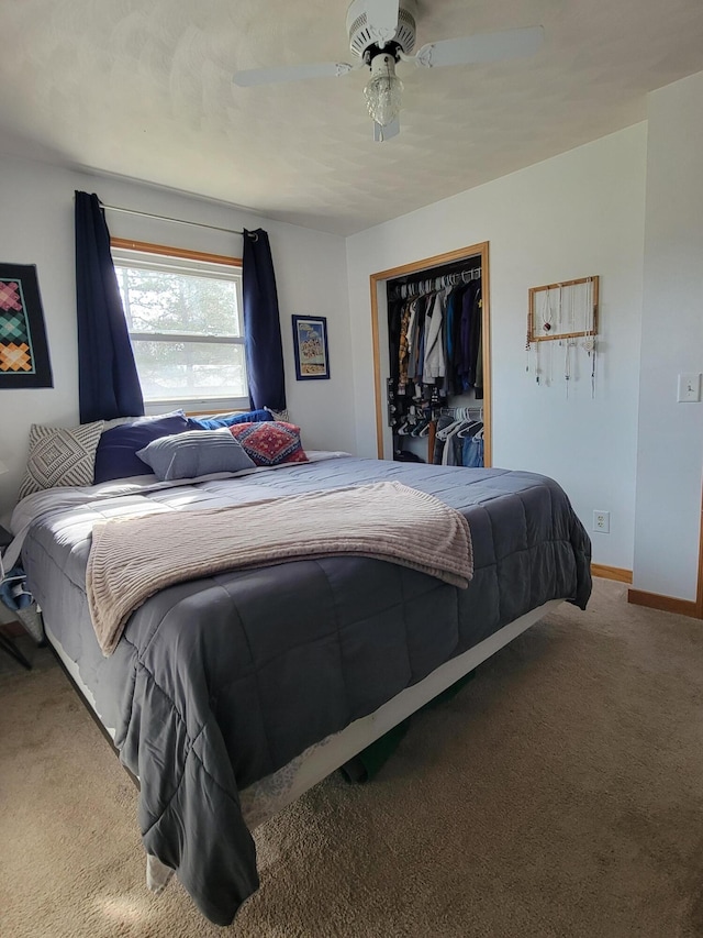 bedroom with carpet, baseboards, a closet, and ceiling fan