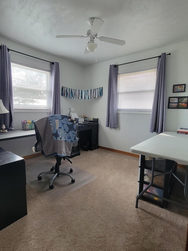 home office featuring ceiling fan, baseboards, and carpet