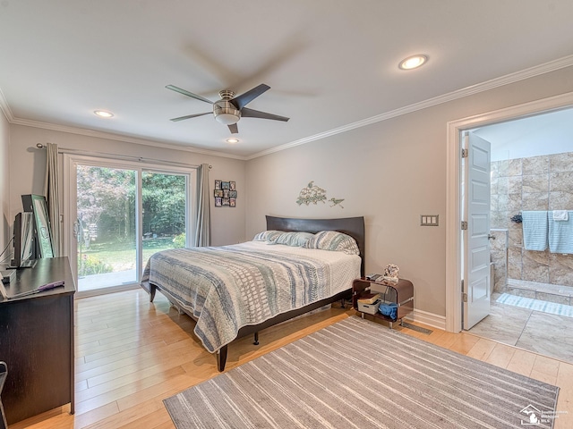 bedroom with access to exterior, light wood-style flooring, baseboards, and ornamental molding