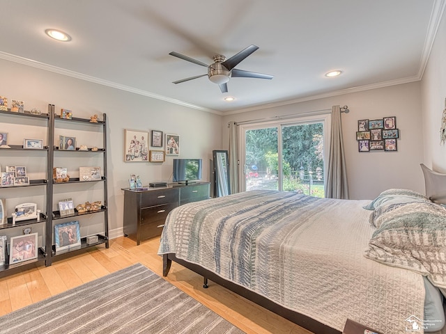 bedroom featuring wood-type flooring, a ceiling fan, crown molding, and access to outside