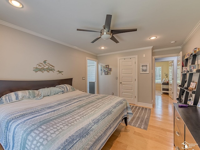 bedroom with a ceiling fan, recessed lighting, light wood-style floors, crown molding, and baseboards