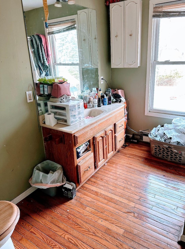 bathroom with baseboards, wood-type flooring, and vanity