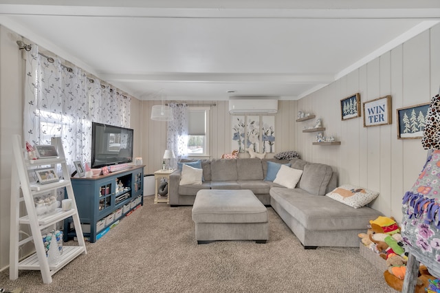 carpeted living area with beam ceiling and a wall mounted air conditioner