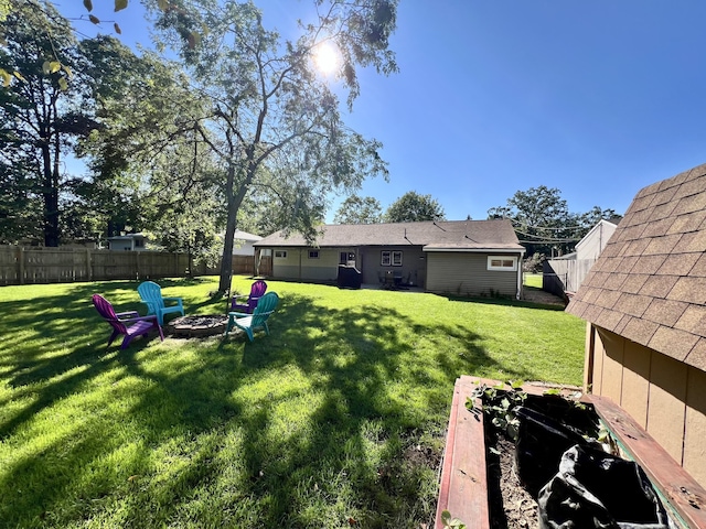 view of yard with a fenced backyard and an outdoor fire pit