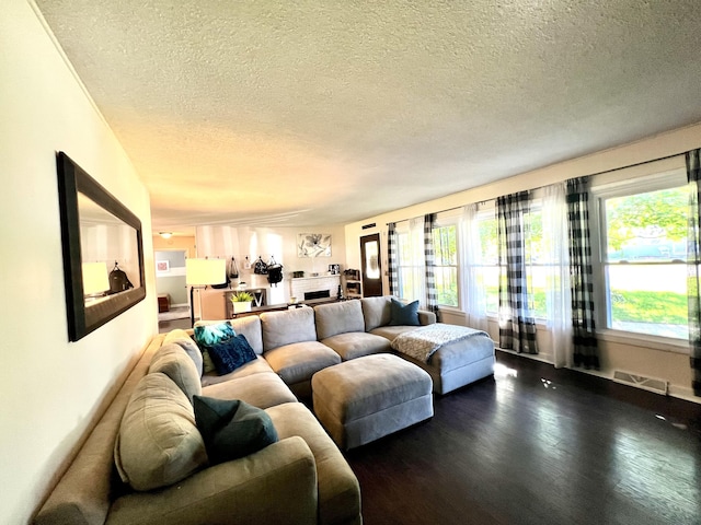 living room with visible vents, a healthy amount of sunlight, a textured ceiling, and dark wood-style flooring