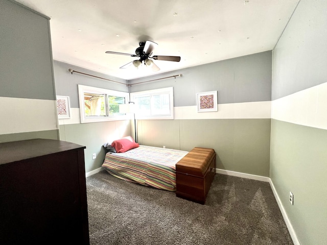 bedroom featuring baseboards, ceiling fan, and carpet floors