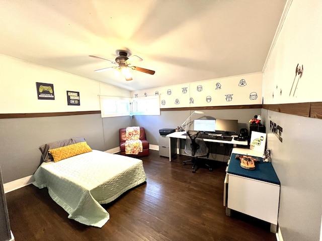 bedroom with wood finished floors, baseboards, lofted ceiling, ornamental molding, and ceiling fan