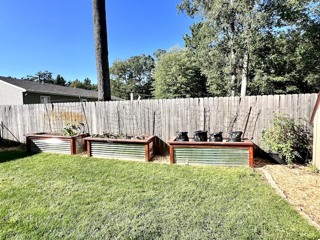 view of yard featuring a vegetable garden and a fenced backyard