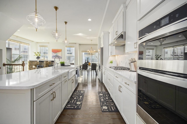 2822 Purley Ave, Ann Arbor, MI 48105 - kitchen with pendant lighting, white cabinets, under cabinet range hood, stainless steel appliances, and decorative backsplash
