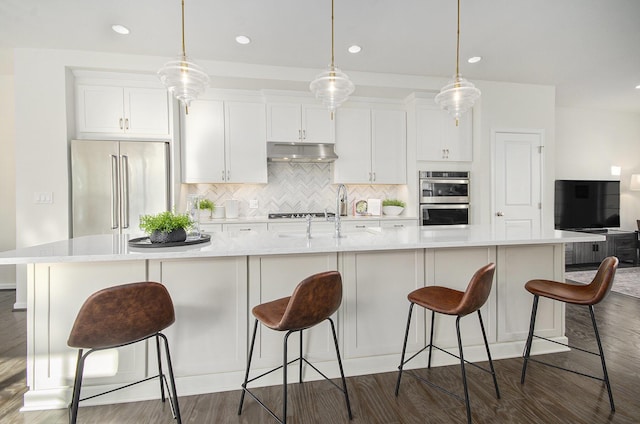 2822 Purley Ave, Ann Arbor, MI 48105 - kitchen featuring a sink, decorative backsplash, a spacious island, stainless steel appliances, and under cabinet range hood