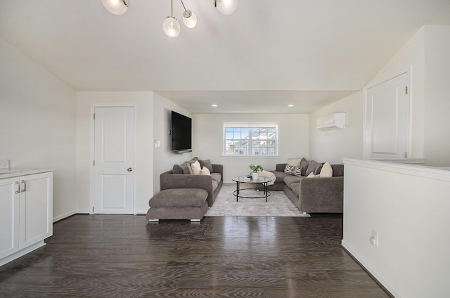 2822 Purley Ave, Ann Arbor, MI 48105 - living room with dark wood finished floors, vaulted ceiling, a wall mounted AC, and baseboards