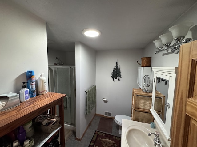 full bath featuring a sink, visible vents, toilet, and a stall shower