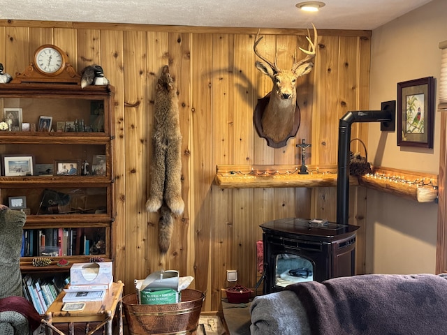 interior space featuring a wood stove and wooden walls