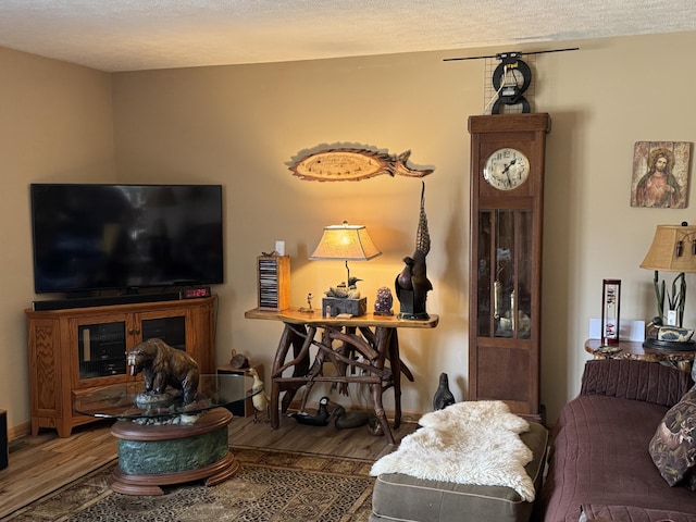 living area with baseboards, a textured ceiling, and wood finished floors