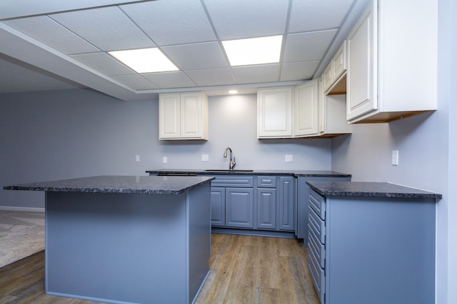 4355 S Lapeer Rd, Metamora, MI 48455 - kitchen featuring a sink, a kitchen island, wood finished floors, and white cabinetry