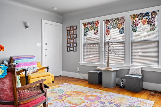 sitting room with baseboards and wood finished floors