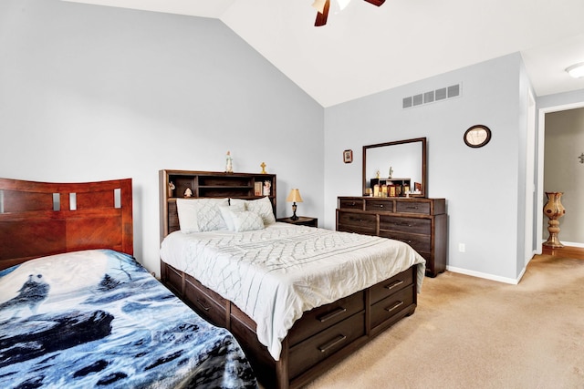 bedroom with visible vents, baseboards, lofted ceiling, light colored carpet, and ceiling fan