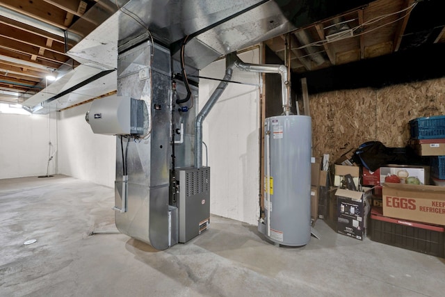 utility room featuring gas water heater and heating unit