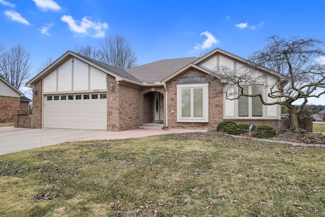 ranch-style home featuring driveway, an attached garage, a shingled roof, a front lawn, and brick siding