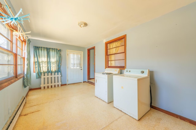 laundry room with baseboard heating, washer and dryer, laundry area, and baseboards