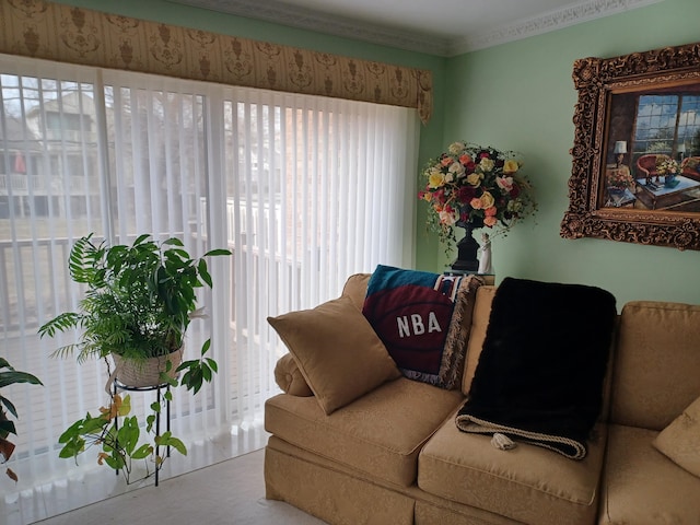 living room with crown molding