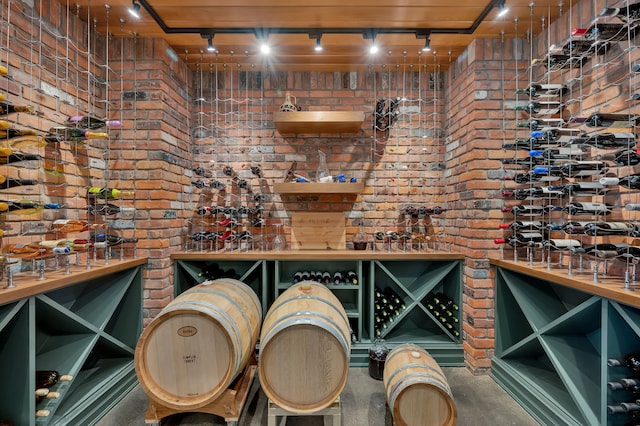 wine room with track lighting and brick wall