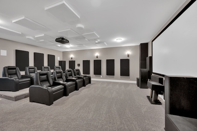 home theater room with light carpet