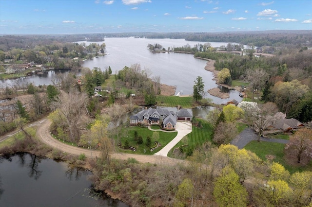 bird's eye view with a water view