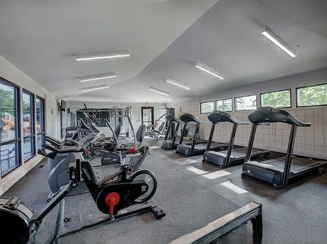 gym with vaulted ceiling