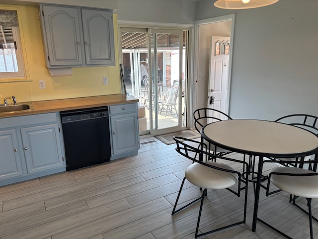 kitchen featuring a healthy amount of sunlight, dishwasher, wood finish floors, and a sink