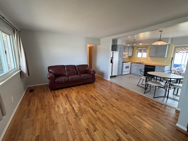 living room featuring visible vents, baseboards, and light wood-style floors