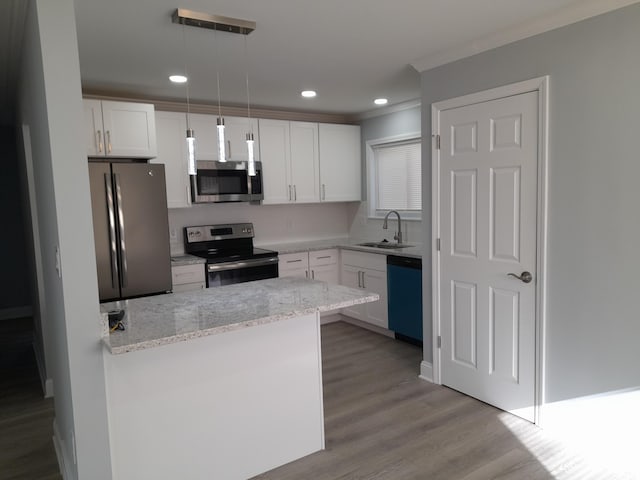 kitchen featuring wood finished floors, white cabinets, stainless steel appliances, and a sink