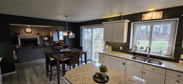 kitchen with wood finished floors, a sink, white cabinets, a textured ceiling, and dishwasher