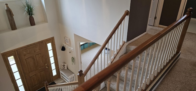 entrance foyer with a high ceiling and carpet floors