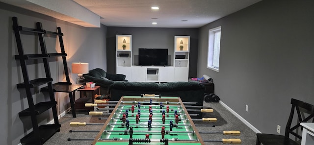 playroom featuring recessed lighting, baseboards, and carpet