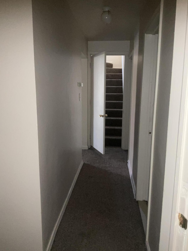 hallway featuring baseboards, carpet, and stairs