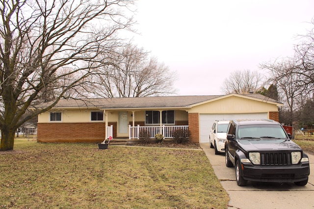 single story home featuring a porch, an attached garage, brick siding, and driveway