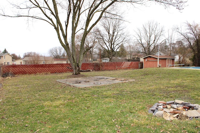 view of yard with an outbuilding and a fenced backyard