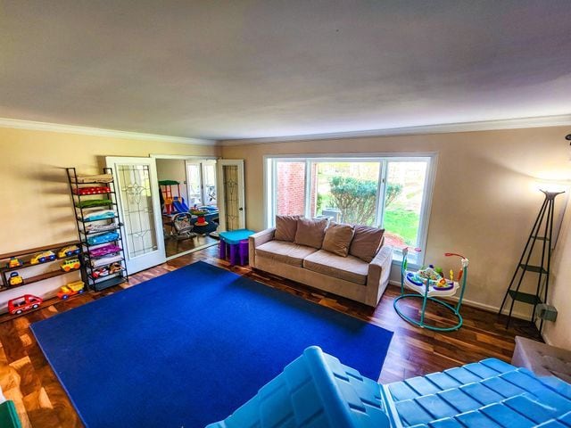living room featuring crown molding and wood finished floors