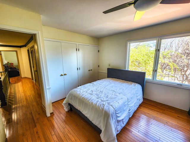 bedroom featuring a ceiling fan, a closet, and hardwood / wood-style floors