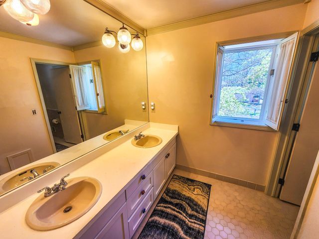 bathroom with a sink, baseboards, crown molding, and double vanity