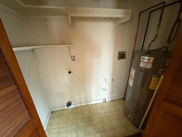 washroom with tile patterned floors, washer hookup, water heater, hookup for an electric dryer, and laundry area